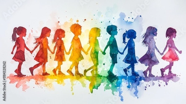 Obraz Colorful Watercolor Illustration of Children Holding Hands in a Rainbow, Symbolizing Friendship, Unity, and Diversity in a Playful and Artistic Style