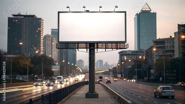 Fototapeta Blank Billboard in Cityscape: A towering blank billboard dominates the urban landscape, bathed in the soft glow of twilight. The canvas beckons.