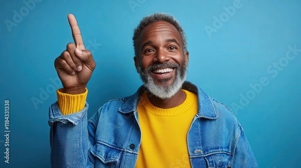 Fototapeta A cheerful man exclaiming a brilliant idea, captured in a vibrant setting, revealing the essence of creativity and enthusiasm in daily life with a bright smile.