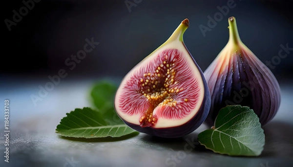 Fototapeta Background of freshly picked and cleaned figs with green leaves  slice of fig fruit fig fruits cut out on a black background. fig fruit. fig fruit slice. purple banner. copy space. generative ai