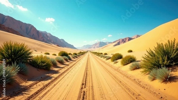Fototapeta A sun-drenched desert road winds between golden sand dunes and arid vegetation under a vibrant blue sky