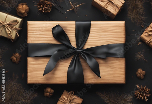 Obraz Sophisticated Gift Box with Black Ribbon and Natural Accents