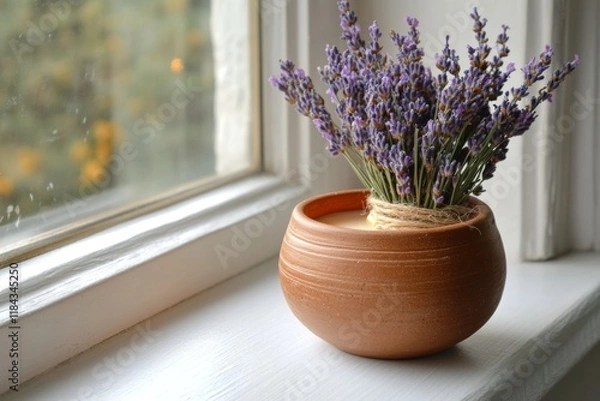 Fototapeta Lavender in a terracotta pot on a windowsill symbolizing tranquility and nature