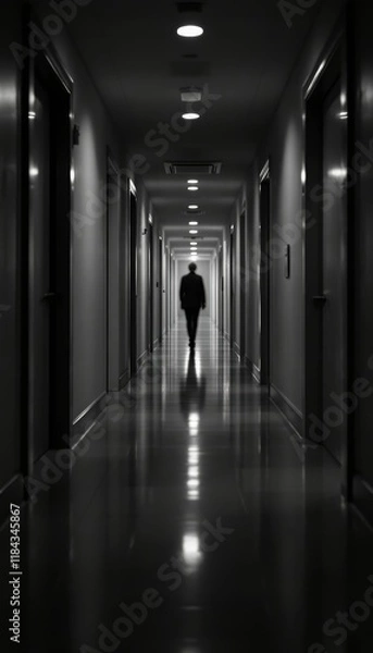 Fototapeta A solitary figure walking down a dimly lit hallway with mirrored reflections on the floor