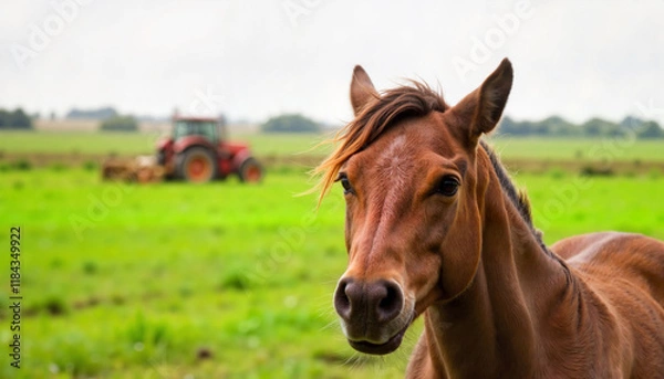 Obraz Percheron gelding grazing in fertile farmland, rural tranquility