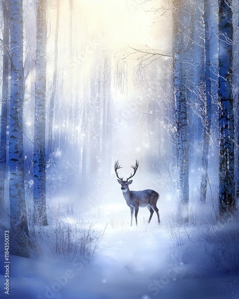 Fototapeta Graceful Deer Amidst Winter Wonderland in Snowy Forest with Ethereal Light Filtering Through Frosted Trees for Serenity and Nature Photography