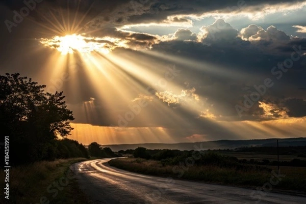 Fototapeta sun rays light from clouds dark background