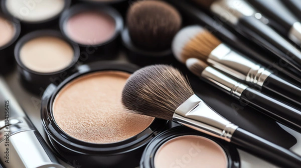 Obraz Professional makeup palette with brushes closeup. Essential for beauty expertise and cosmetic artistry.