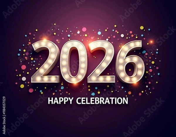 Fototapeta Celebrating the New Year 2026 with sparkling gold numbers and holiday decorations on a blue background. New Year 2026