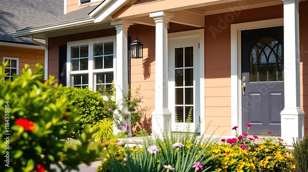 Obraz A tan house with white columns and trim features a dark gray front door with a window insert.  Landscaped flowerbeds are in the foreground, and a portion of a neighboring house is visible.