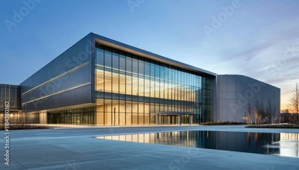 Obraz Minimalist building facade with large glass windows, concrete panels, reflective pool, and seamless blend of indoor and natural lighting.