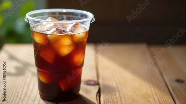 Fototapeta Refreshing Iced Coffee in a Plastic Cup on a Wooden Table