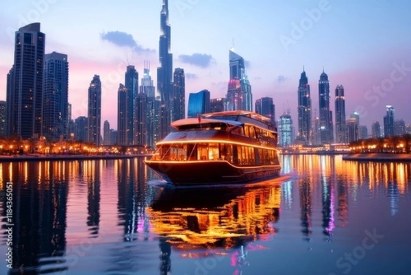 Obraz A traditional dhow cruise along Dubai Creek, with views of both historic and modern architecture illuminated at night