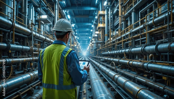 Obraz Back view of an engineer inspecting the industrial pipeline oil and gas on site