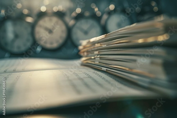 Fototapeta Vintage Clocks Behind a Stack of Papers on a Table