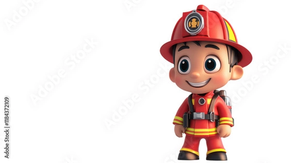 Fototapeta Cheerful Cartoon Firefighter Character in Bright Red Uniform with Safety Equipment and Friendly Expression Standing Against a White Background