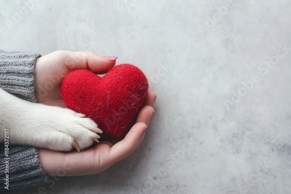 Fototapeta A cozy hand holds a red heart while a dog's paw rests gently on it, symbolizing love and companionship.