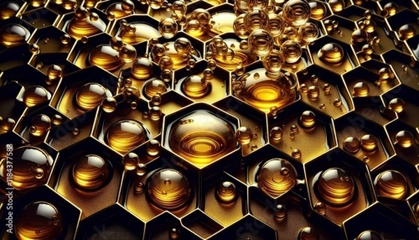 Obraz Golden honeycomb cells filled with glistening honey and bubbles showcasing the intricate and natural beauty of honey production. The hexagonal pattern and reflective surfaces
