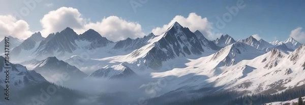 Fototapeta Snowy mountain range with misty air and snow-covered peaks, snowy scene, air, mountain
