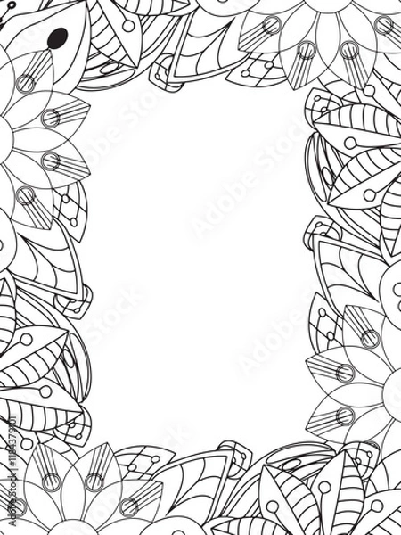 Obraz All these designs are hand-drawn and unique 
Beautiful Flowers Border black and white illustration for adult coloring book,
This is a printable Beautiful Zentangle Coloring page for KDP Interior,