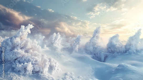 Fototapeta Frozen landscape with snowcovered trees and ice formations. Frostleaf. Illustration