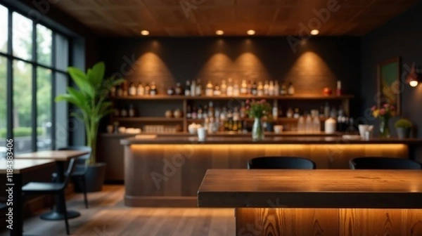 Obraz Warm, inviting bar interior with wooden surfaces and soft lighting, perfect for relaxation and socializing.