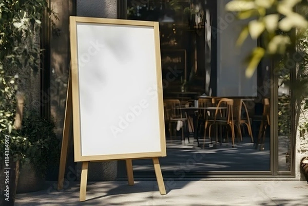 Fototapeta A blank white A2 poster mockup on an easel outside the entrance to a cafe, with a wooden frame, shadows, and sunlight, in an ultra-realistic style