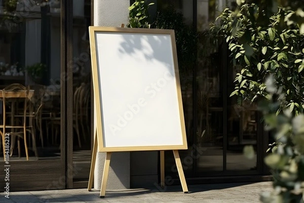 Fototapeta A blank white A2 poster mockup on an easel outside the entrance to a cafe, with a wooden frame, shadows, and sunlight, in an ultra-realistic style
