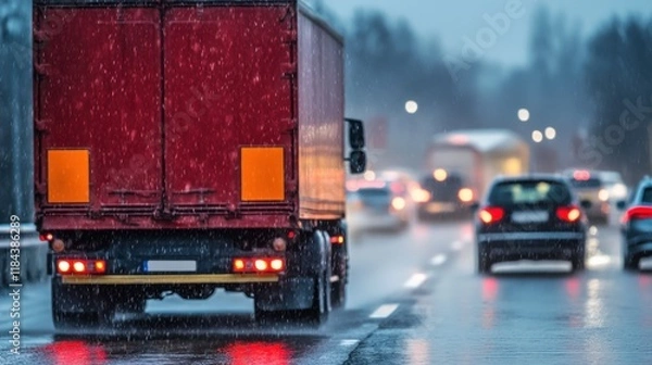 Obraz Rainy Highway Scene with Lorry Overtaking Cars