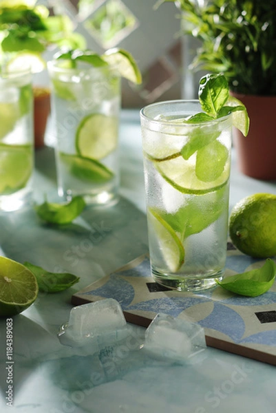 Fototapeta A glass with basil and lime lemonade