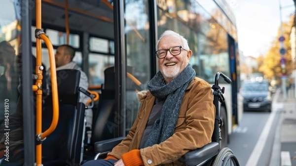 Obraz A senior man in a wheelchair, smiling as he boards a modern public transport bus with the help of a friendly attendant. 