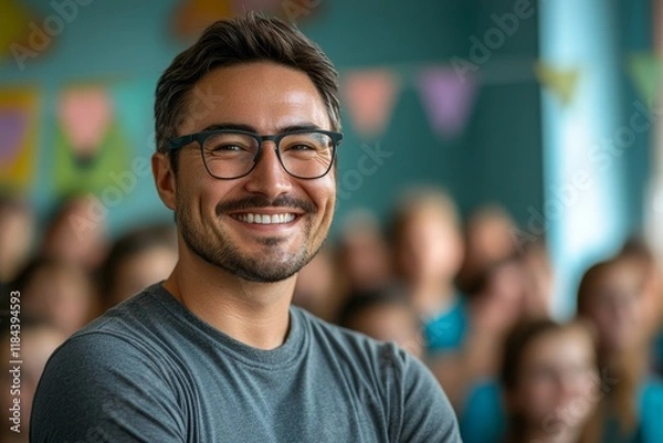 Fototapeta Portrait of happy physical education teacher during class at school gym. Generative AI