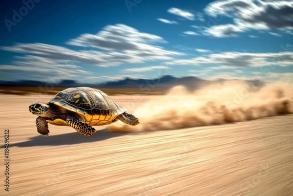 Fototapeta The dynamic motion of a turtle racing through sandy terrain.