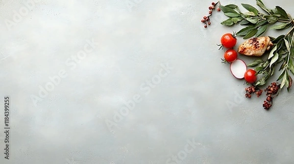Fototapeta Grilled chicken breast with cherry tomatoes, radish, and olive branch on a gray background.