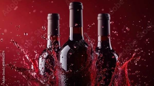 Fototapeta Rich red wine splashes into a wine bottle against a darker red background in striking monochromatic product photography