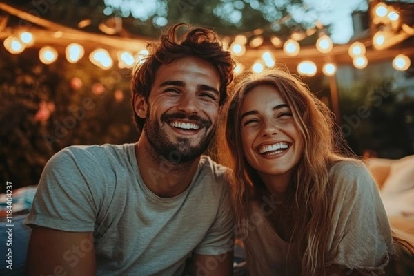 Fototapeta Happy couple enjoying in movie night with friends in backyard. Generative AI