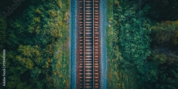 Fototapeta A detailed view from above of railway tracks shows them closely, highlighting their structure and position within the surrounding environment.