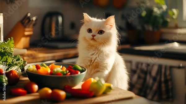 Fototapeta A fluffy white cat sitting on a wooden stool by the kitchen island, watching intently as a bowl of colorful vegetables is being chopped on a cutting board 