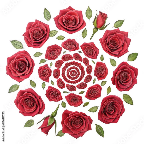 Fototapeta A vibrant arrangement of red roses in a symmetrical spiral pattern, showcasing their intricate petals and lush green leaves.