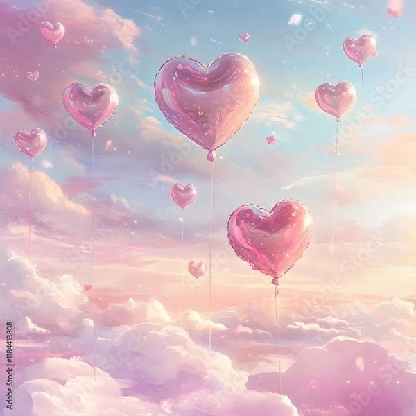 Fototapeta A whimsical scene of adoration, hearts floating like balloons in a dreamy pink sky.
