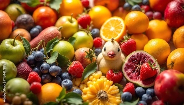 Fototapeta Colorful Fruit and Vegetable Still Life with Cute Duckling - Healthy Eating Concept