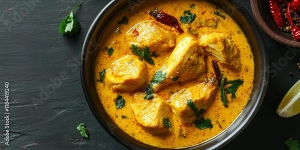 Fototapeta Delicious pickles fish curry prepared with flavorful coconut milk, this enticing pickles fish curry offers a unique taste experience perfect for seafood lovers and culinary enthusiasts alike.