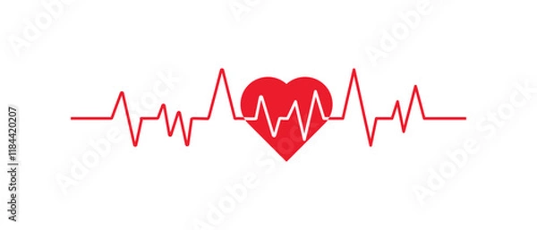 Fototapeta Heartbeat line or pulse rate wave icon. One line  heart and pulse rate wave vector in red color.  Heart beat icon with cardiogram line wave on white background. Vector illustration.
