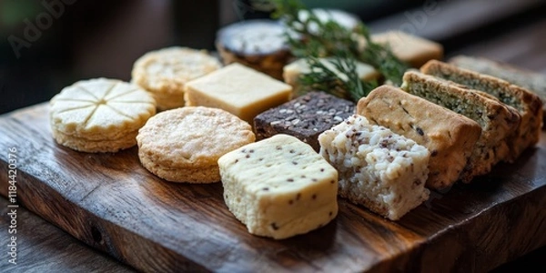 Fototapeta An assortment of artisanal Scottish shortbread cookies and rice pudding cookies is beautifully displayed on a wooden board, drawing attention as the main highlight.