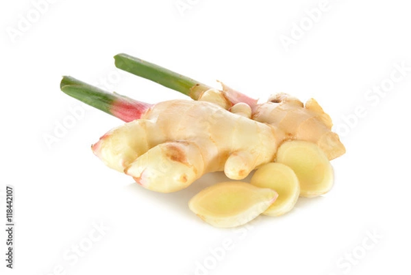 Obraz fresh young ginger with stem on white background
