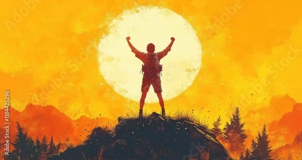 Fototapeta A man is standing on a mountain top, with a large sun in the background. Generative AI