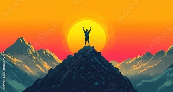 Fototapeta A man is standing on a mountain top, with a large sun in the background. Generative AI