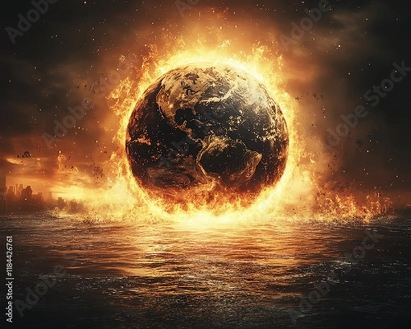 Fototapeta Global warming and climate change crisis, dying planet, severe drought, wildfires, shrinking ice caps, polluted water, extreme storms, environmental tragedy