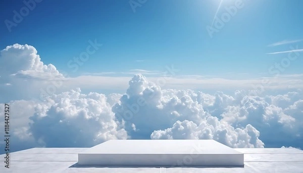 Obraz Empty white marble podium blue sky and fluffy clouds.Empty white marble podium rests against a backdrop of vivid blue sky and fluffy clouds.2134