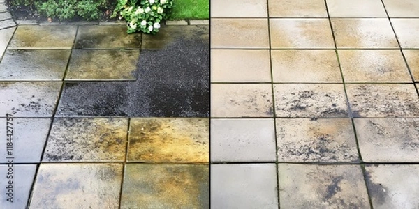 Obraz Contrast of a dirty patio versus a clean patio highlights the effectiveness of high pressure cleaning. Experience the transformation from a dirty patio to a freshly washed, pristine patio surface.
